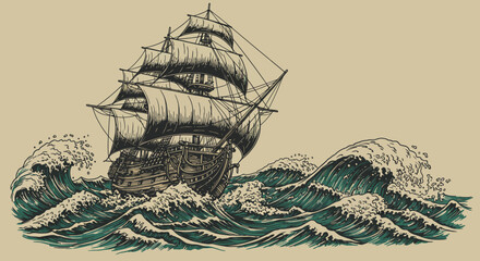 Vintage Ship Navigating Rough Seas with Tall Waves Illustration. © Adi