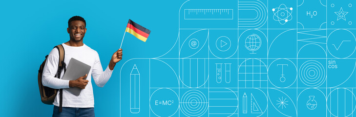 A student is smiling while holding a laptop and a flag, representing a desire for education. The colorful background features various educational symbols and offers ample space for text.