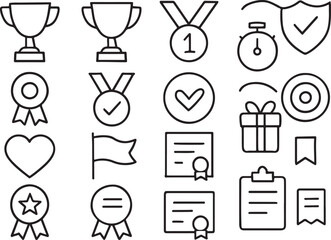 Trophy medal award certificate gift shield stopwatch flag heart checkmark