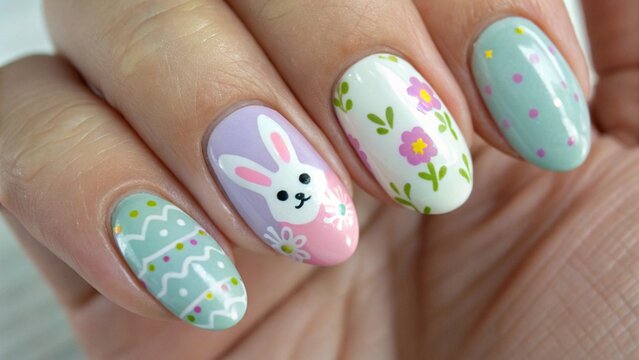Close Up of Easter Nail Art in Pastel Colors with Bunny and Egg Motifs for Joyful Springtime Vibes
