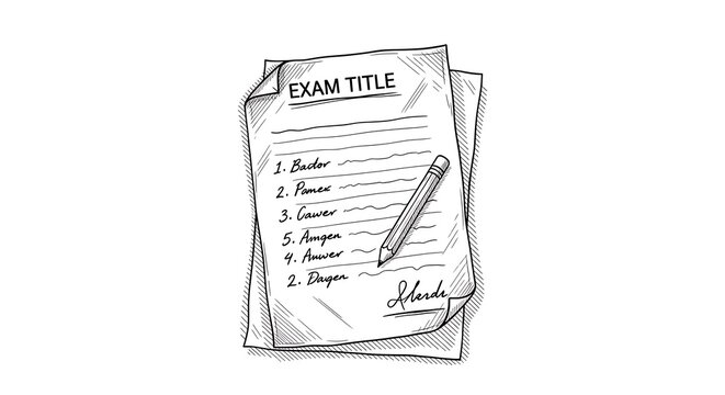 A sketch of an exam paper with a title and some answers with a pencil on top of the paper