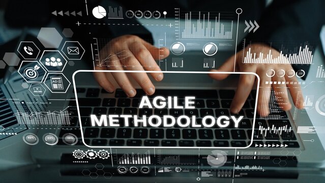 Hands Typing on Laptop with Graphic Overlay of Agile Methodology and Digital Data Analytics Concepts. Asymptotic smart data analytic. - Powered by Adobe