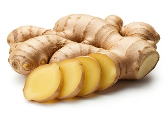 Fresh Ginger Root Slices and Whole Rhizome Studio Shot spice food