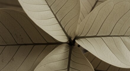 Veined Leaves: An overhead shot captures the intricate patterns of veined leaves, their delicate structure illuminated in soft lighting, an evocative study of nature's artistry.