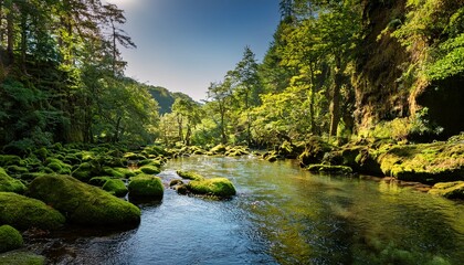 Naklejka premium a clear river winds through rocky formations covered in moss surrounded by tall trees and vibrant greenery the sunlight filters through the leaves creating a peaceful atmosphere