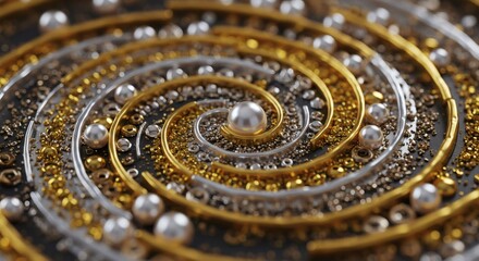 Golden Spiral: A mesmerizing, close-up shot unveils a captivating golden spiral design, composed of shimmering golden, silver, and spherical elements.