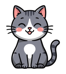 Happy Cartoon Cat Sitting Cute Grey Kitty Vector.