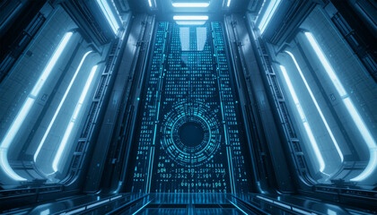 Data stream in futuristic server room with glowing code and geometric patterns for technology company innovation project