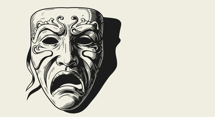 Engraved Illustration of a Tragic Theatrical Mask with Shadow.