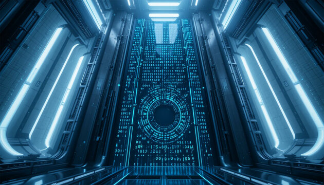 Data stream in futuristic server room with glowing code and geometric patterns for technology company innovation project