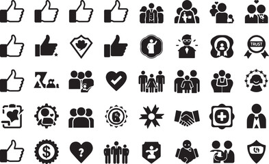 Trust and Like Black Glyph Icons - Social Media, Community, and Relationship Symbols Set