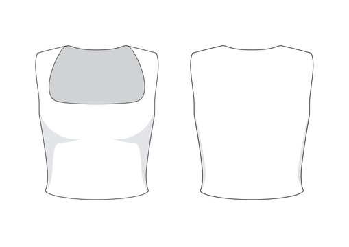 Vector fashion technical drawing of a sleeveless square neck crop top with front and back view. Cotton spandex fabric.