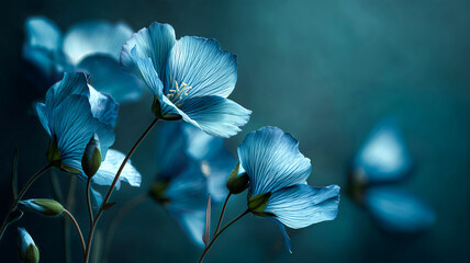 Elegant Abstract Flora With Blue Luminescent Petals in Digital Real Photo Style Against Deep Teal Toned Background Display