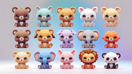 Adorable Animal Array: An endearing assortment of cute animal characters, featuring diverse species in charming and colorful renderings. Perfect for sparking joy and playful visual narratives.