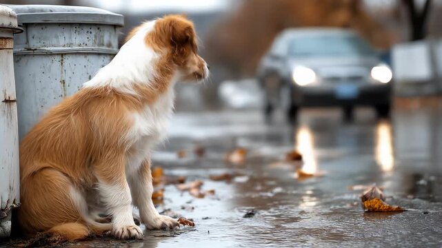 Lonely wet dog sitting in the rain on a city street near trash can, symbol of pet abandonment, homeless animals, animal rescue and shelter awareness