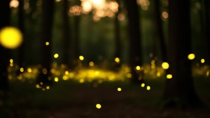 Enchanted forest illuminated by glowing fireflies at dusk, creating a magical atmosphere - Powered by Adobe