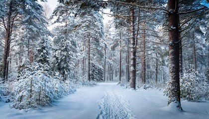 winter forest trail in sweden with snow covered ground and tall trees in the serene landscape