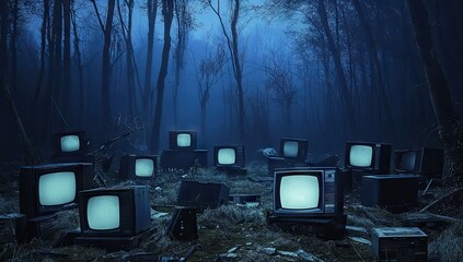 Vintage TVs scattered in a misty forest
