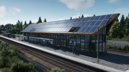 Fototapeta premium Modern train station with solar panels sustainable design near trees and road