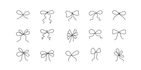 Hand drawn girly coquette bow ribbons set. Editable stroke line. Vector stock illustration isolated on white background for design template birthday, wedding, Christmas card, invitation, sale banner