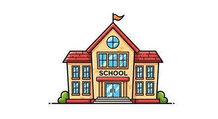 Cartoon illustration of a school building with windows doors and a flag on a white background