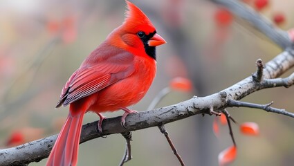 Vibrant Cardinal on a Branch: A striking red cardinal perches gracefully on a tree branch, its vivid plumage and sharp gaze captivating. It's a stunning portrayal of avian beauty