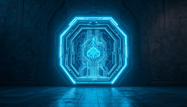 Futuristic glowing portal with intricate circuit patterns invites exploration into the digital realm and cutting edge technology solutions