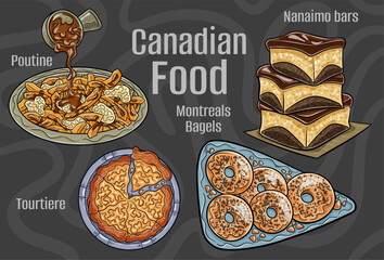 Popular Canadian Traditional Cuisine Set. Hand-drawn vector illustration on a dark background.