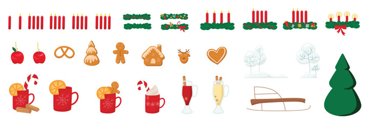 Christmas Advent wreath with candles, gingerbread, drinks set. Traditional holiday decoration for market. Vector stock hand drawn illustration isolated on white background Xmas Cozy Aesthetic vibes