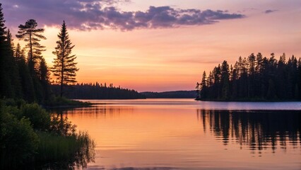 Fototapeta premium Golden hour light bathes a serene forest lake, with the vibrant orange and yellow sky reflecting beautifully on the still water. The dark silhouettes of tall pine trees frame the peaceful natural land