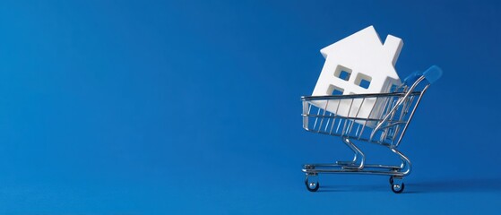 Model house in shopping cart on blue background symbolizes modern real estate concepts and home buying trends. copy space, empty space for text, background banner for advertising. concept of buying an