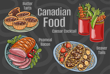 Popular Canadian Traditional Cuisine Set. Hand-drawn vector illustration on a dark background.