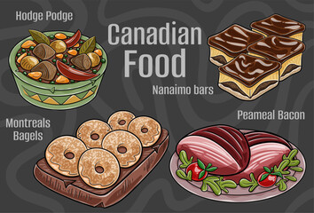 Popular Canadian Traditional Cuisine Set. Hand-drawn vector illustration on a dark background.