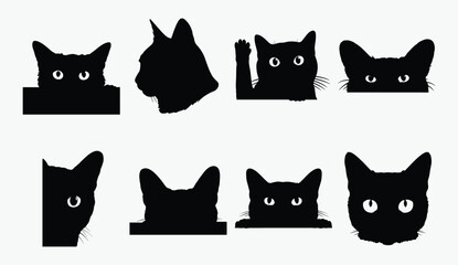 Fototapeta premium Black cat faces, peeking kitten silhouettes, curious pet icons, black cats looking out of the corner, Collection of cat faces that spy on you, Playing pets 