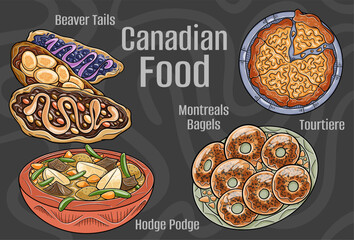 Popular Canadian Traditional Cuisine Set. Hand-drawn vector illustration on a dark background.