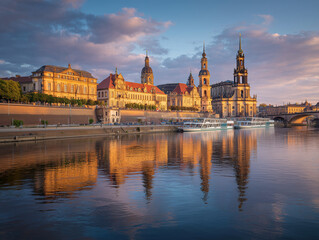 Obraz premium Dresden skyline along the Elbe River in evening light