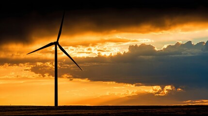 Fototapeta premium A wind turbine stands tall against a colorful sunset, casting a dramatic silhouette in a wide-open landscape. The vibrant colors of the sky showcase nature's beauty during twilight.