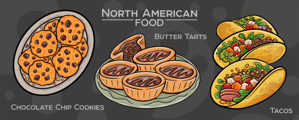Popular North American Foods Set. Hand-drawn vector illustration on a dark background.