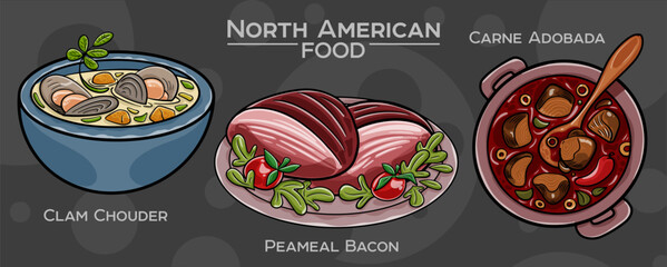 Popular North American Foods Set. Hand-drawn vector illustration on a dark background.