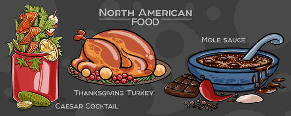 Popular North American Foods Set. Hand-drawn vector illustration on a dark background.