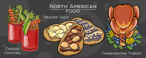 Popular North American Foods Set. Hand-drawn vector illustration on a dark background.