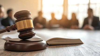 Gavel on Desk in Courtroom. Focus on law, justice, and legal proceedings. Blurred figures in background, adding depth. Symbolizes order and authority.