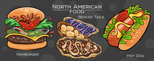 Popular North American Foods Set. Hand-drawn vector illustration on a dark background.