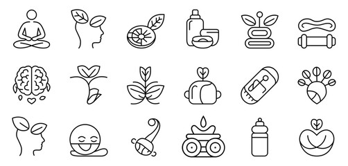 Simple line icon set representing self-care, wellness and healthy lifestyle choices. Vector illustration of mental clarity, fitness, nutrition, relaxation, mind-body connection.