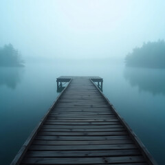Fototapeta premium Wooden Dock in Foggy Lake – Minimal Landscape