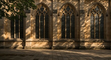 Fototapeta premium Gothic architecture and sunlight: The grand facade of an old building is bathed in warm sunlight, the shadows dancing across its intricate structure.