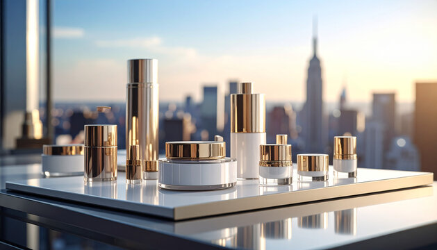 Urban chic cosmetic display, sleek lines, metallic accents, city backdrop