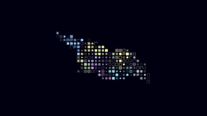 Georgia dotted animation. Shape of the country build of pulsating colored dots. Large size rounded square blocks. Digital style map on dark background. Simple video.