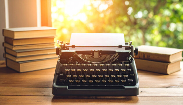 Vintage typewriter on a wooden desk, stack of old books, warm lighting