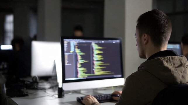 A man is sitting at a computer with a monitor in front of him. He is typing on a keyboard